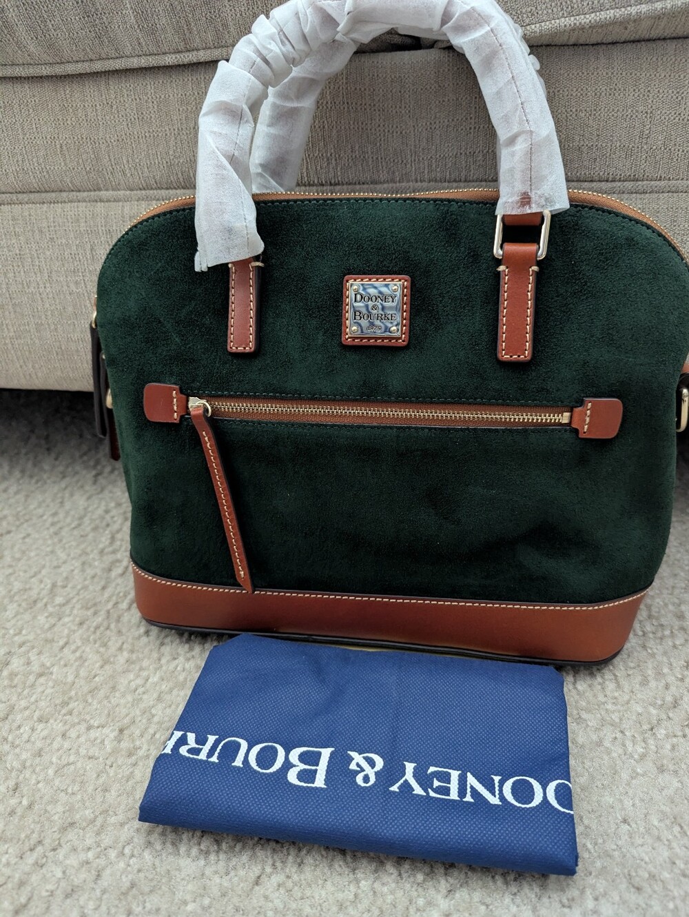 Dooney & Bourke Green Ivy Suede and Brown Leather Dome Zip Satchel